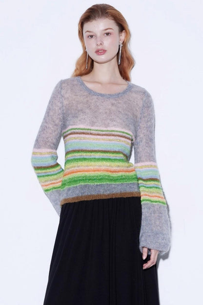 Mohair Silky Wool Rainbow Lantern Sleeve Sweater