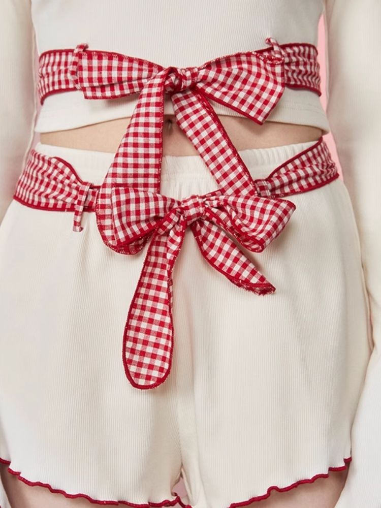 Plaid Bow Belt Loungewear Pajama Pants Set