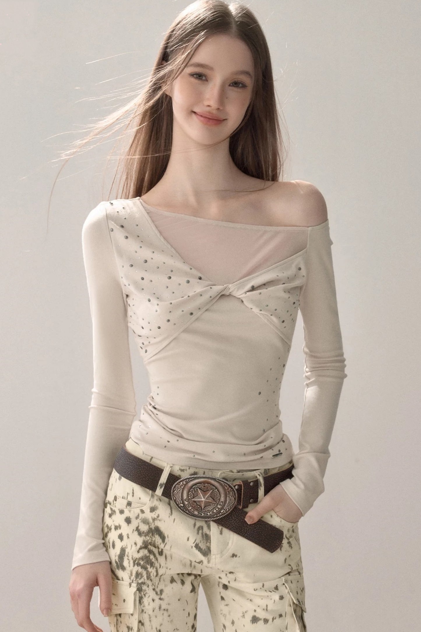 Rhinestone Twist Slim Blouse