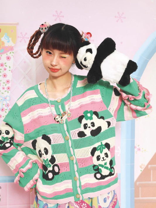 Panda-Print gestreifter Strickcardigan 