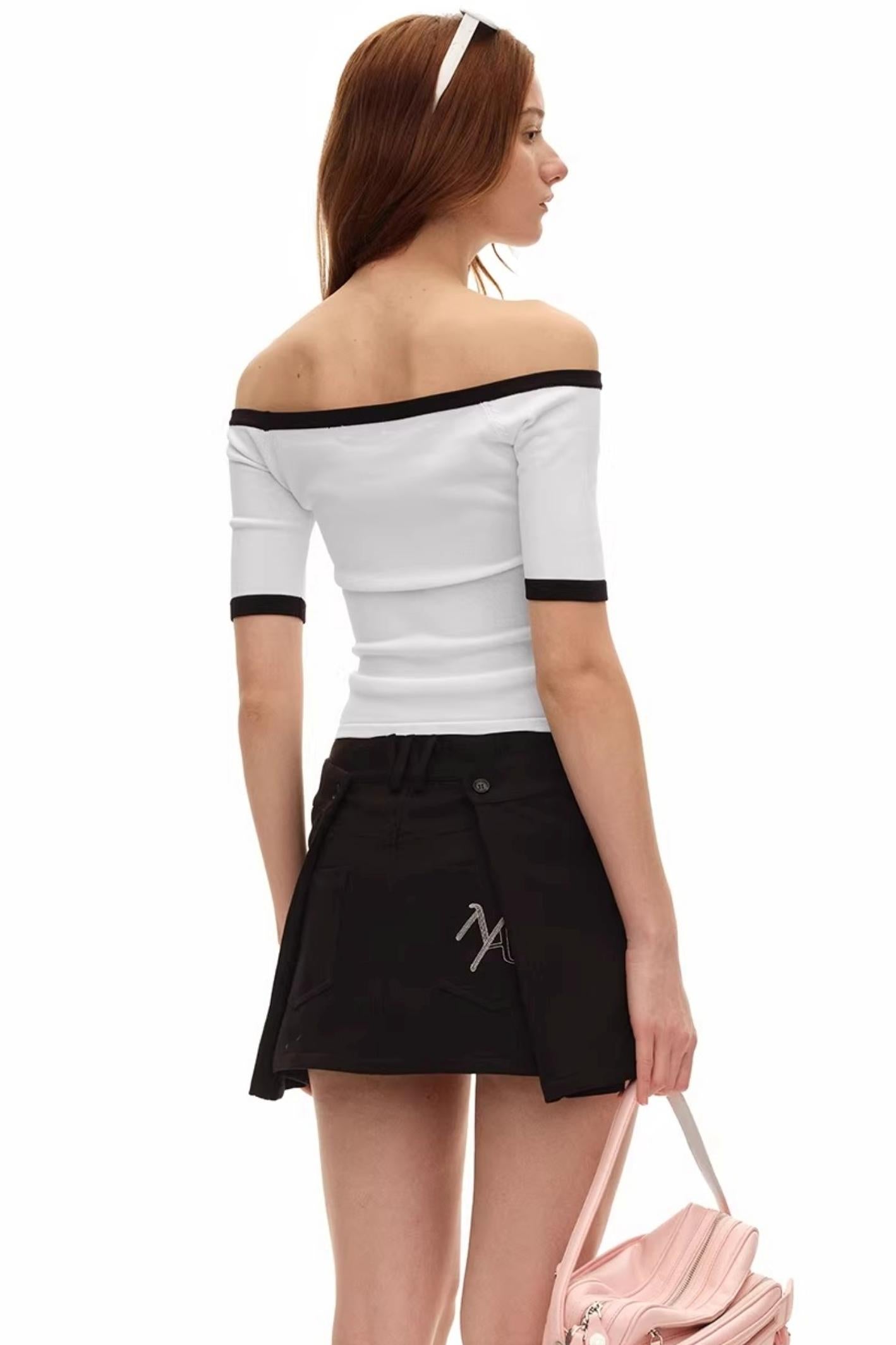 Off-Shoulder Contrast Knit Top