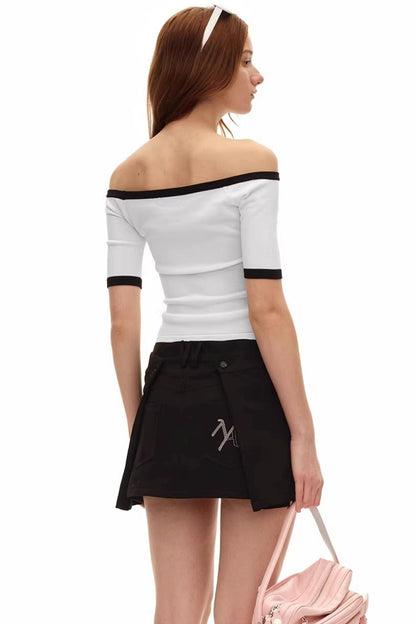 Off-Shoulder Contrast Knit Top