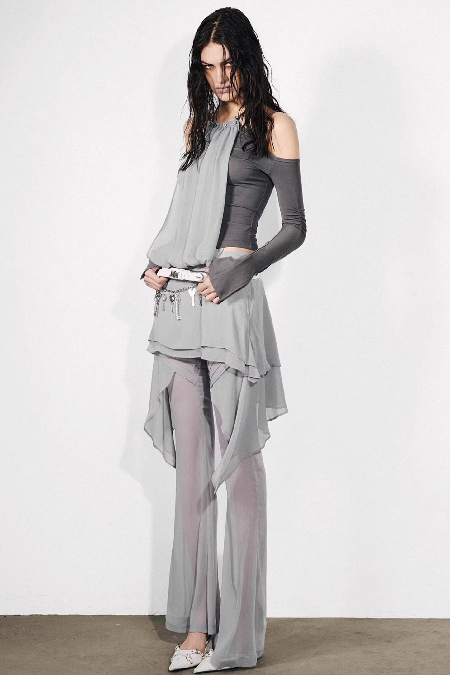 Chiffon-Patchwork-Oberteil mit schulterfreiem Design