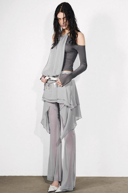 Chiffon-Patchwork-Oberteil mit schulterfreiem Design