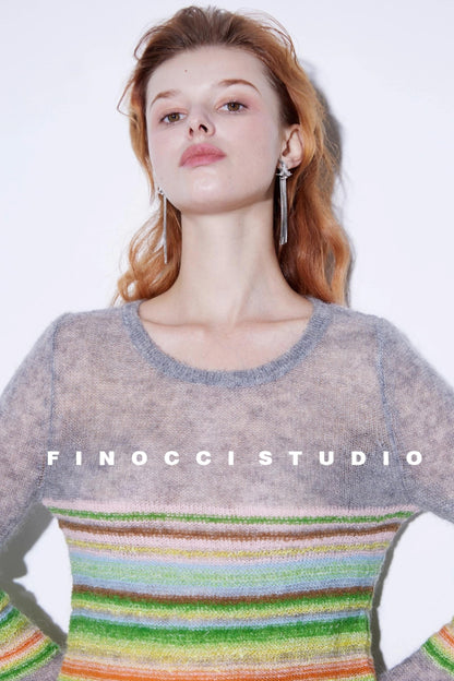 Mohair Silky Wool Rainbow Lantern Sleeve Sweater