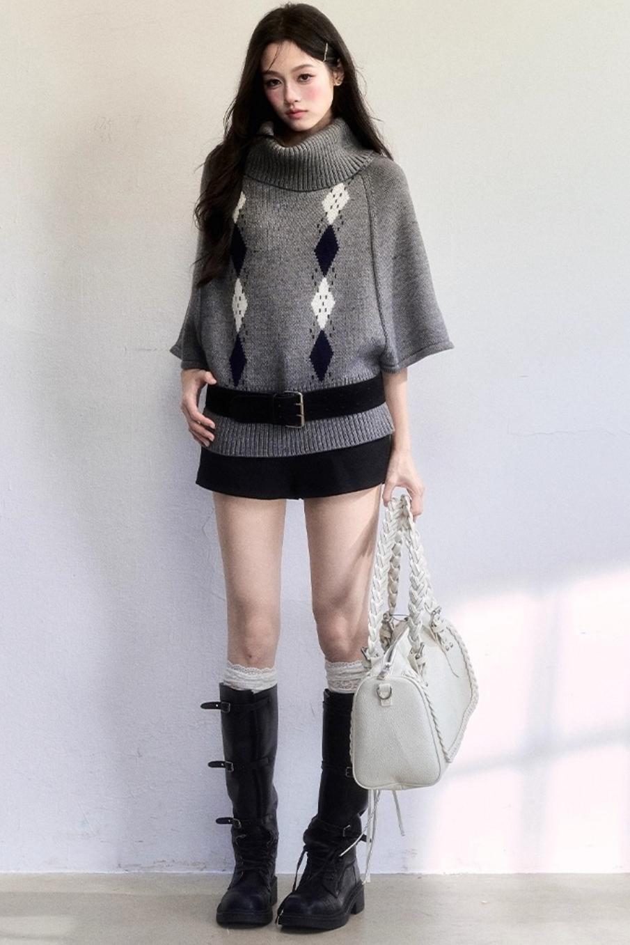 Retro Diamond Wool Knit Cape Sweater