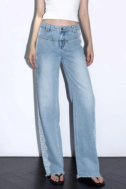 Lace Print Raw Hem Jeans