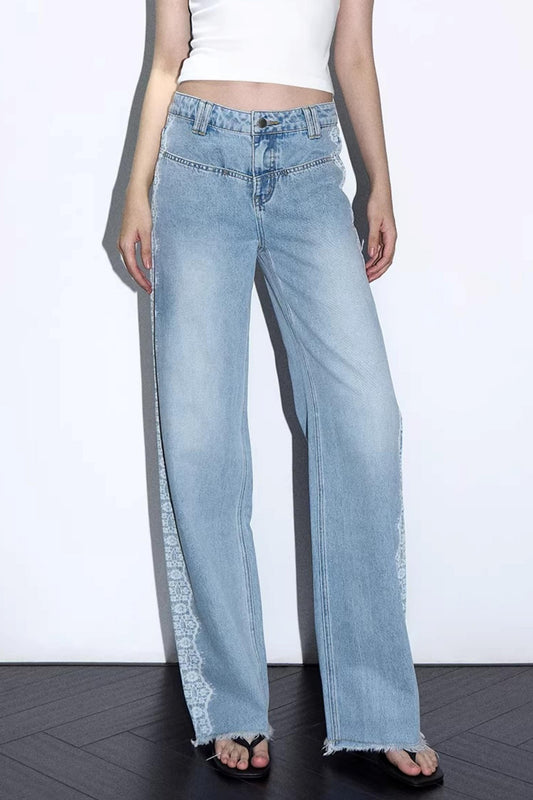 Lace Print Raw Hem Jeans