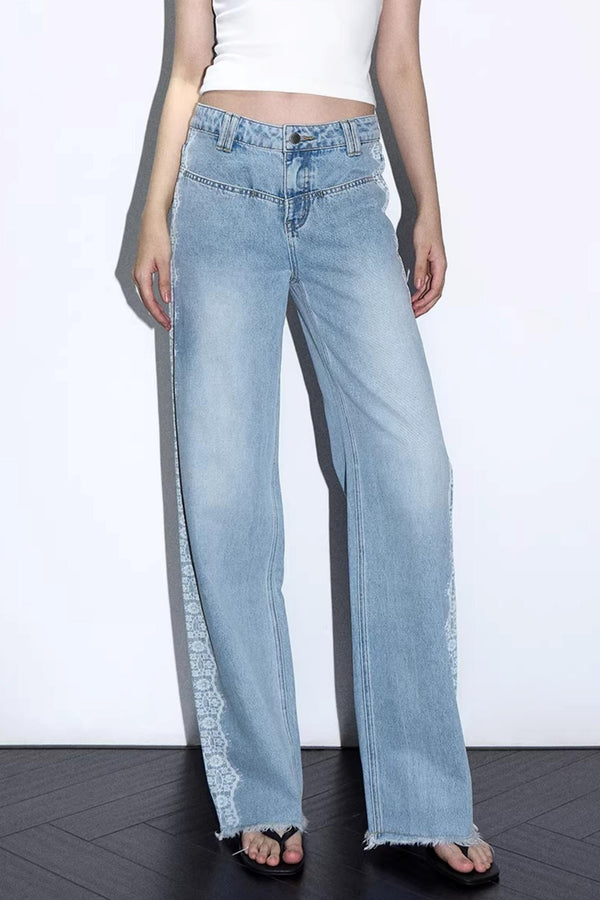 Lace Print Raw Hem Jeans