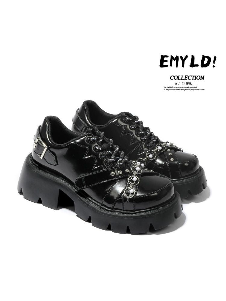 Chain Buckle Belt Lace Up Platform Shoes