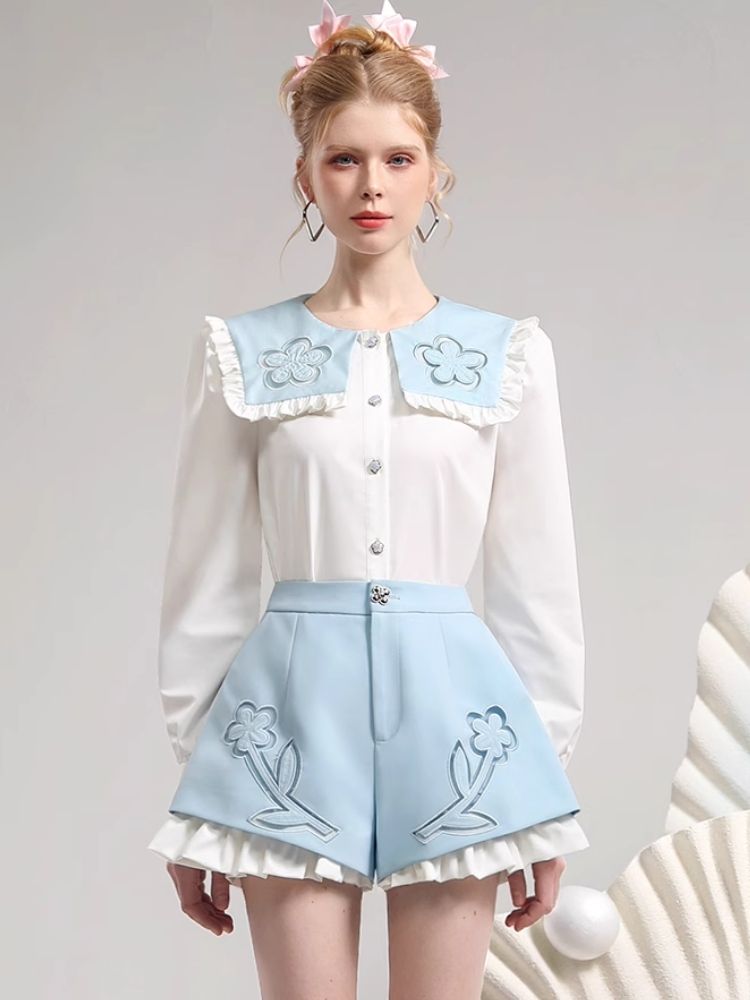 Sweet doll collar hollow embroidery two-piece set