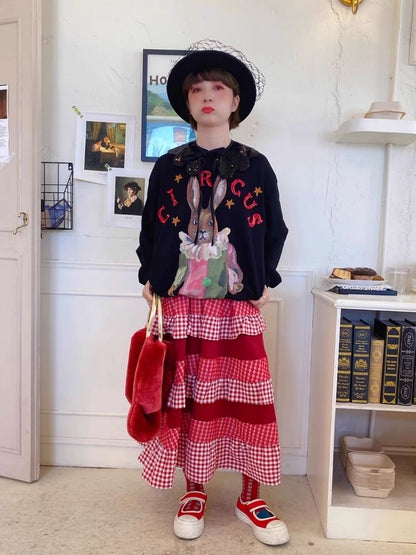 Red embroidery patchwork plaid hem half skirt