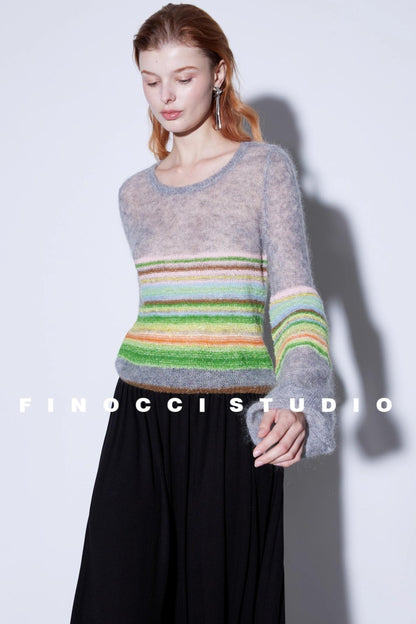 Mohair Silky Wool Rainbow Lantern Sleeve Sweater