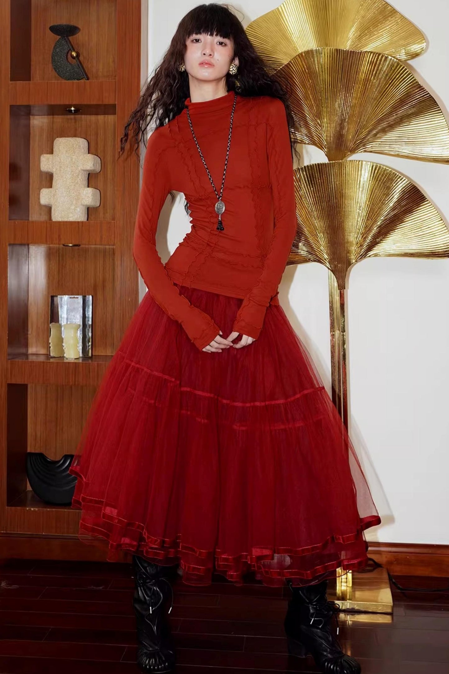 Autumn Mesh Puffy Long Skirt