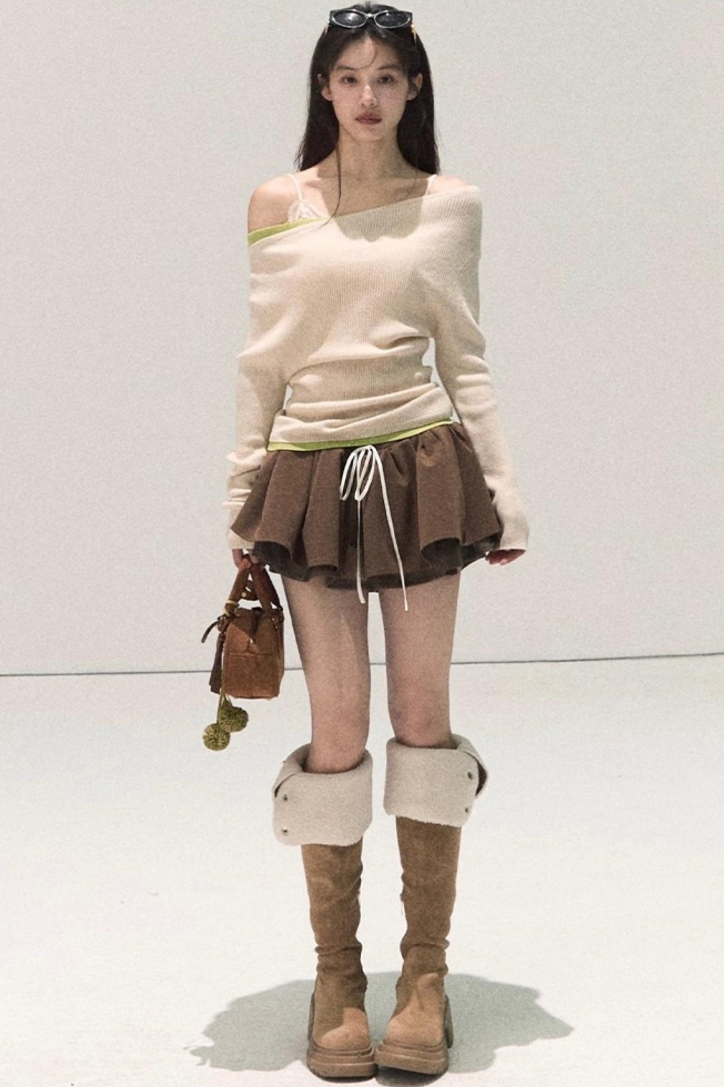 Plaid Color-Blocked Puffy Skirt