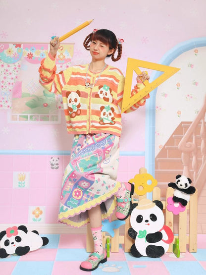 Panda print striped knit cardigan