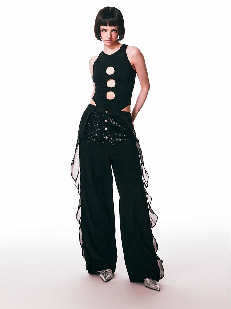 Black Spliced Lace Breathable Trousers