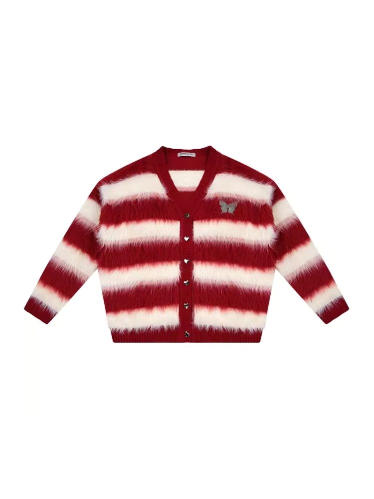 Sticky Chunky Red Striped Knit Sweater Cardigan