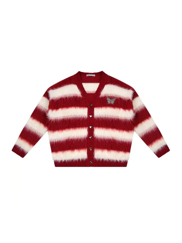 Sticky Chunky Red Striped Knit Sweater Cardigan