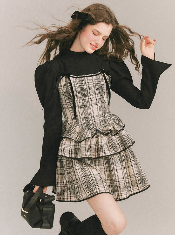 Plaid Cake Skirt Fake Two-piece Dress