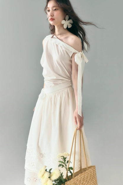 Slant Shoulder Tencel Cotton Dress