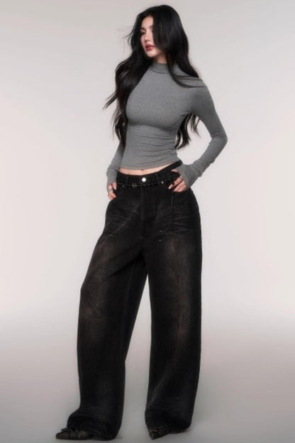 Washed High-Waisted Wide-Leg Jeans