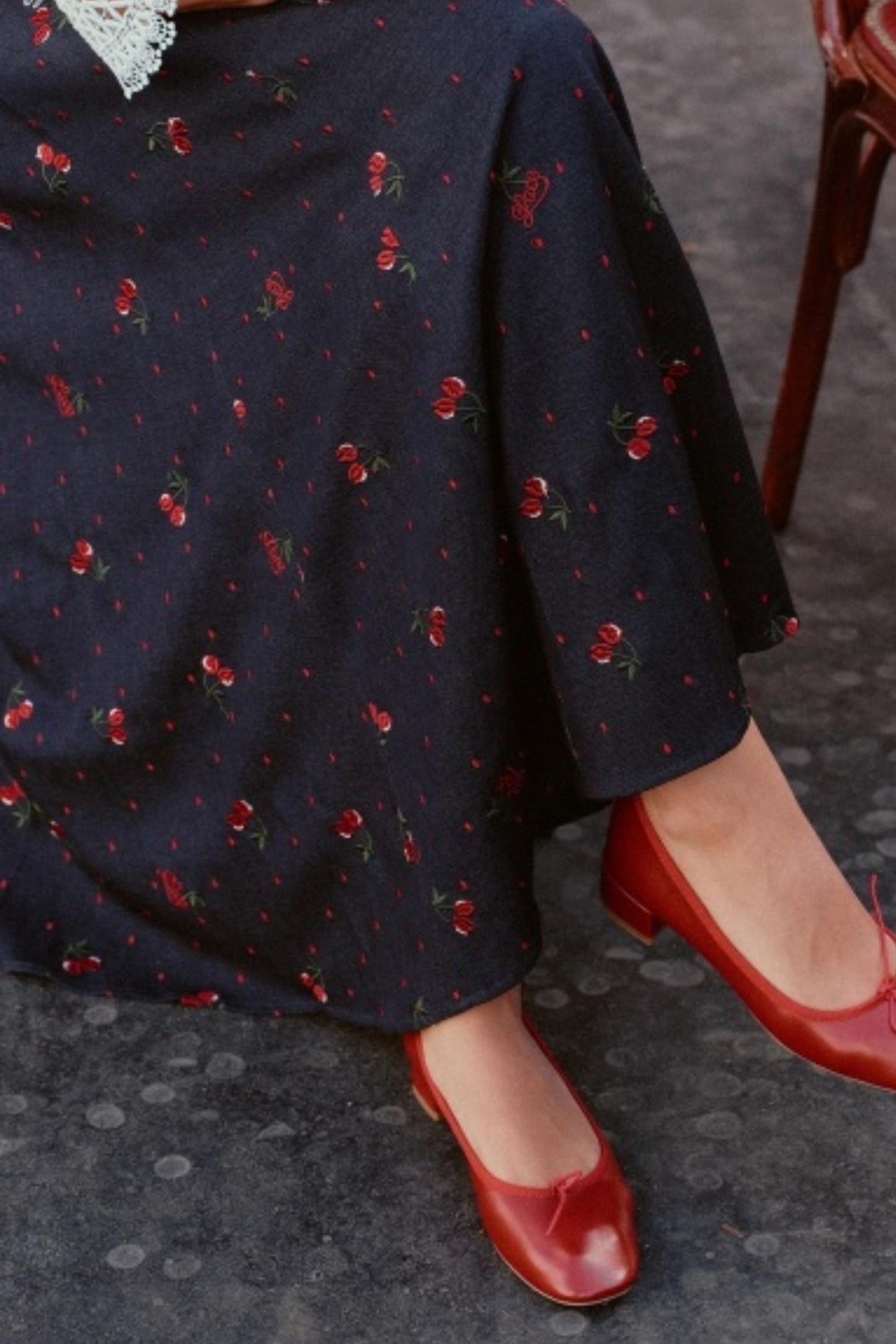 Cherry Lace Embroidered Denim Dress Set-Up