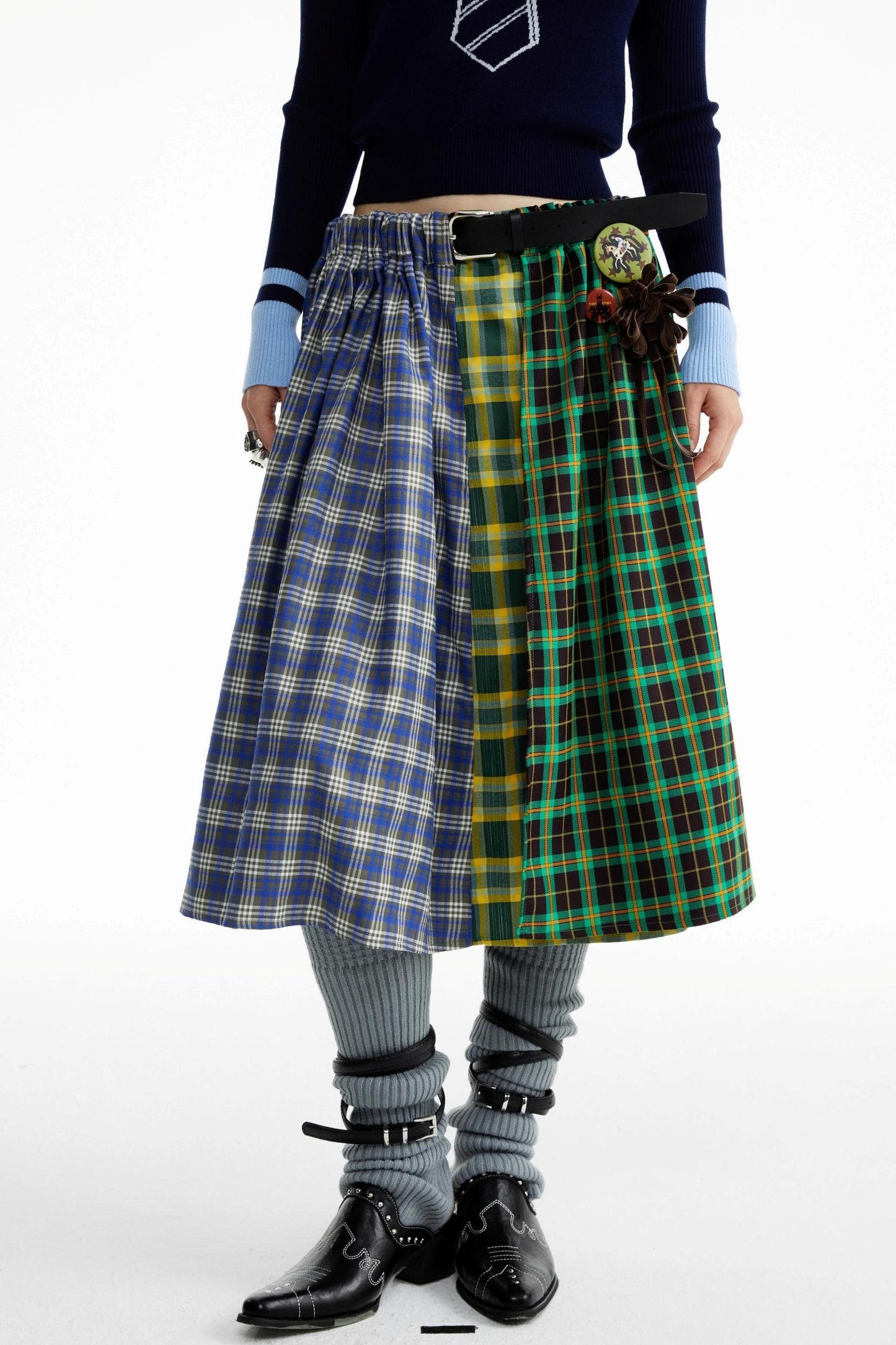Blue-Green Plaid Pleated Skirt