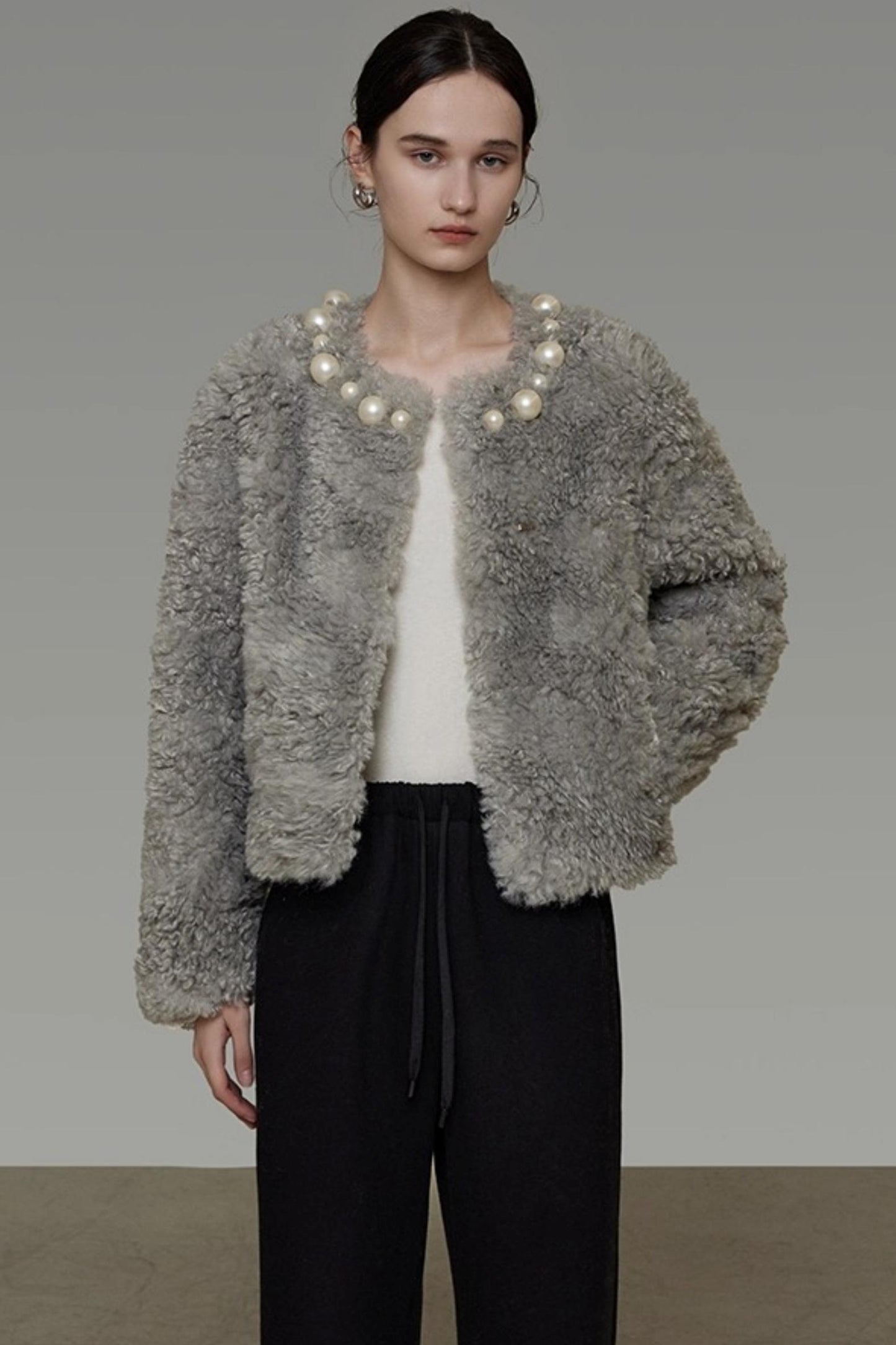 Pearl Collar Faux Fur Jacket