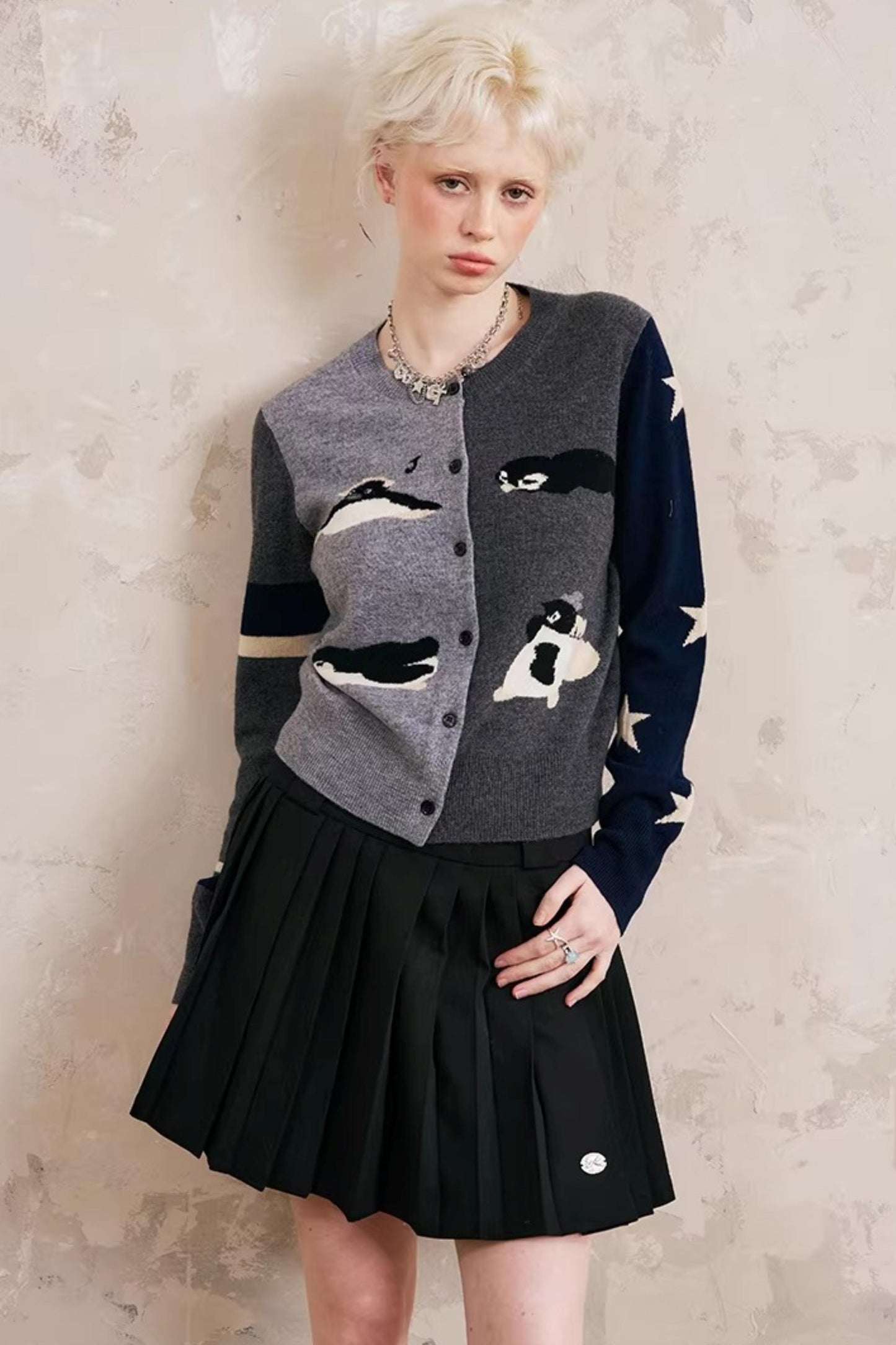 Lace-Up Collar Sweater Set-Up