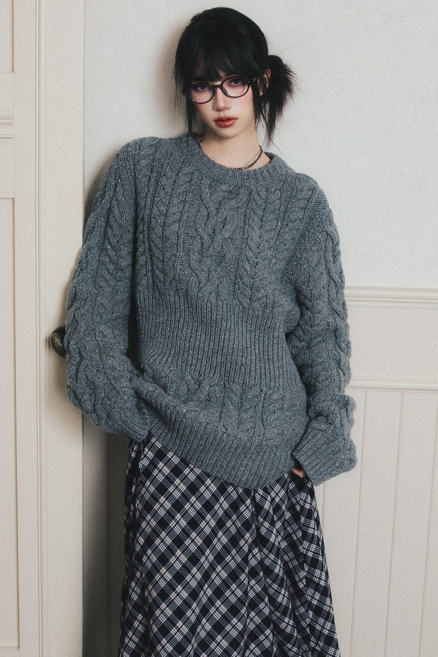 Navy Blue Check A-Line Swing Skirt