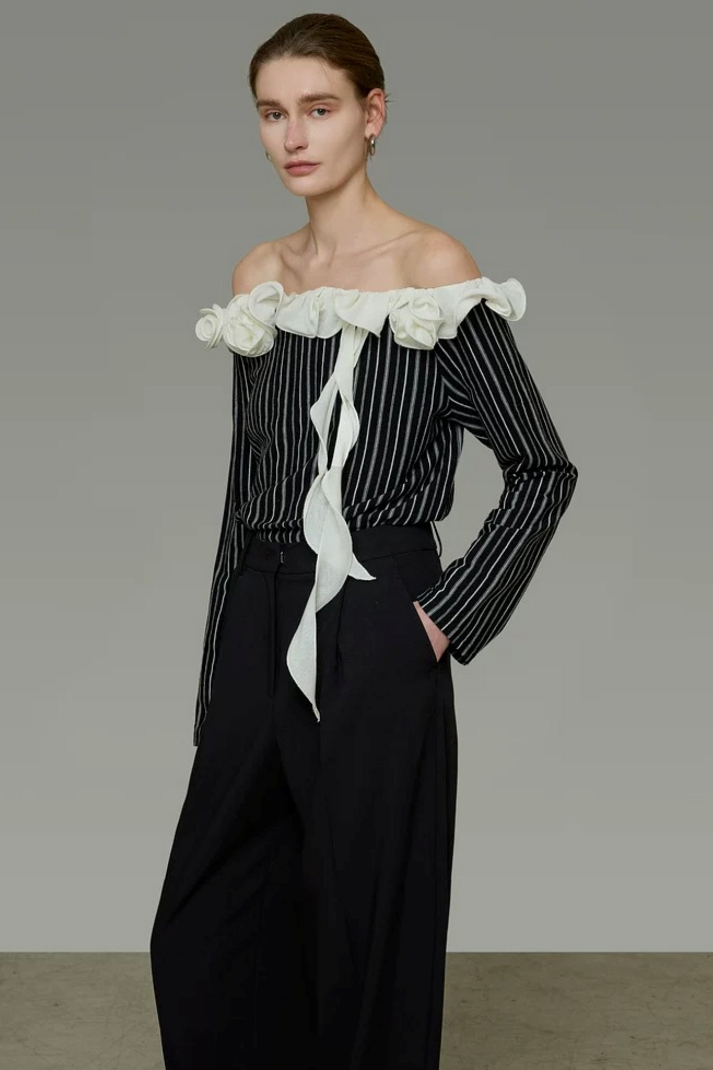 Black and White Striped Off-Shoulder Blouse