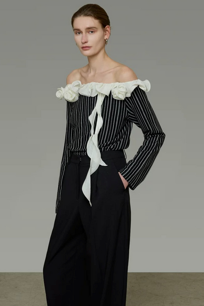 Black and White Striped Off-Shoulder Blouse