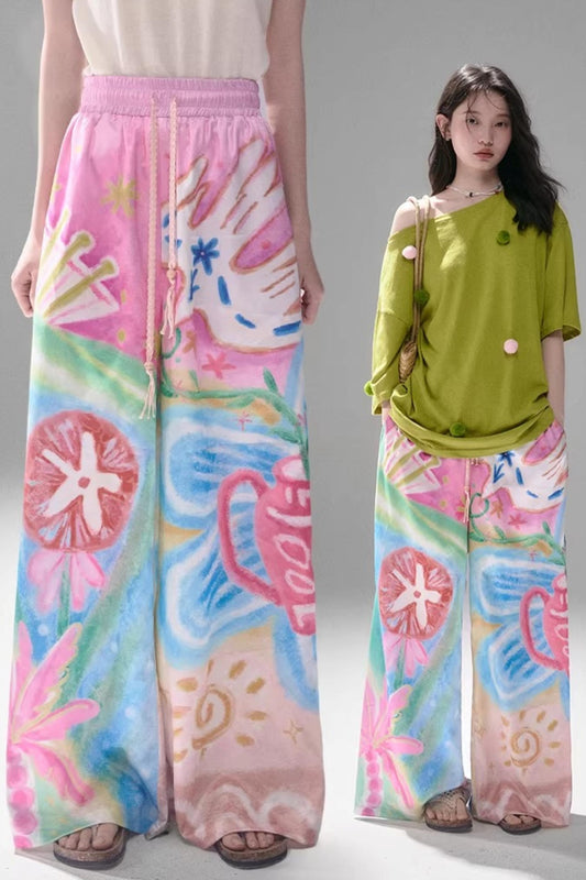 Bird and Floral Wide-Leg Pants