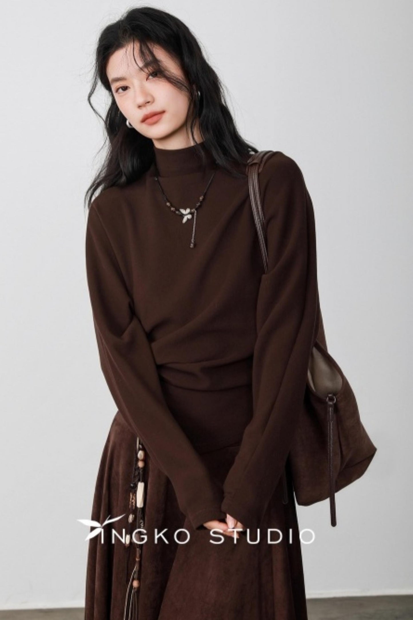 Chestnut Brown Velvet Pleated Top