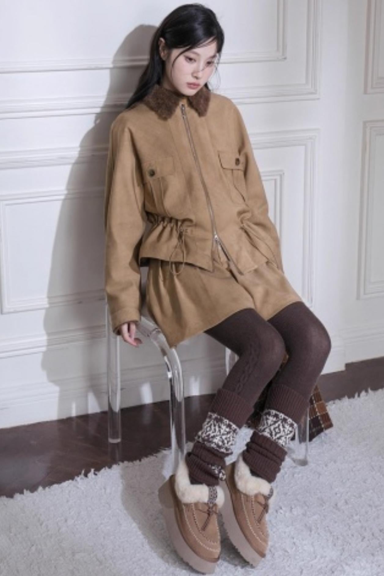 Hazelnut Bat Sleeve Furry Jacket Set-Up