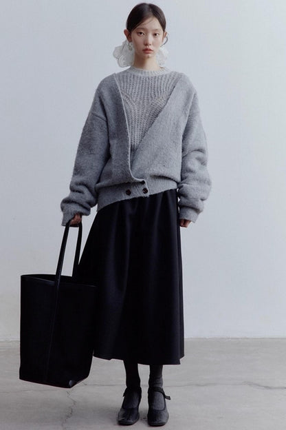 Misty Gray V-Neck Mohair Cardigan Coat