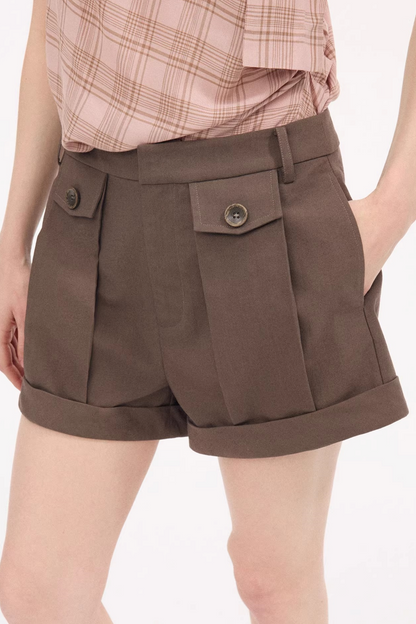 Wool Pleated Khaki Shorts