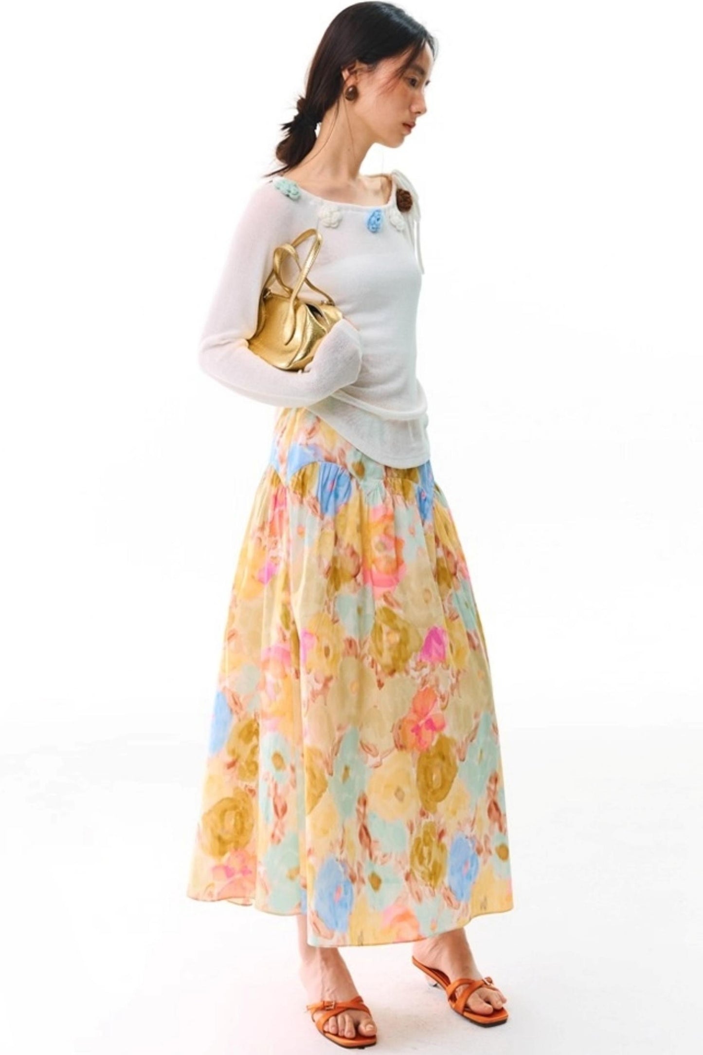 Sunset Coral Cotton A-Line Skirt