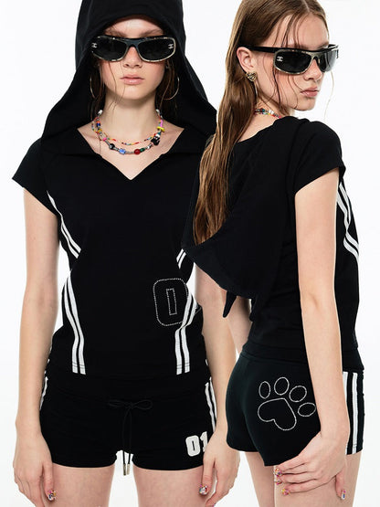 Black & White Line Hoodie V-Neck Tee