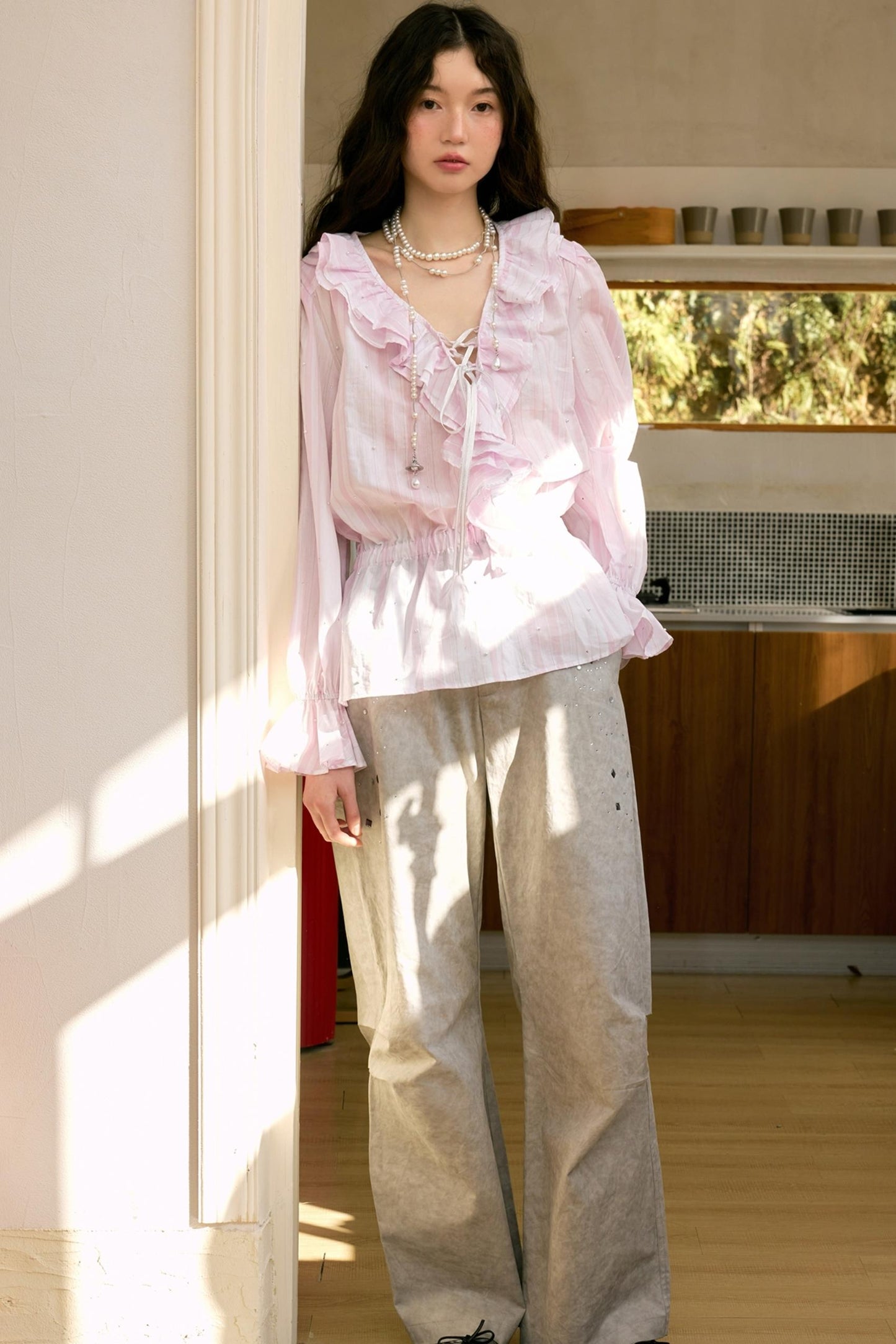 Pink Ruffle V-Neck Shirt