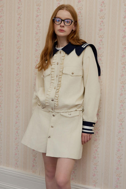 Beige Navy Collar Jacket Set-Up