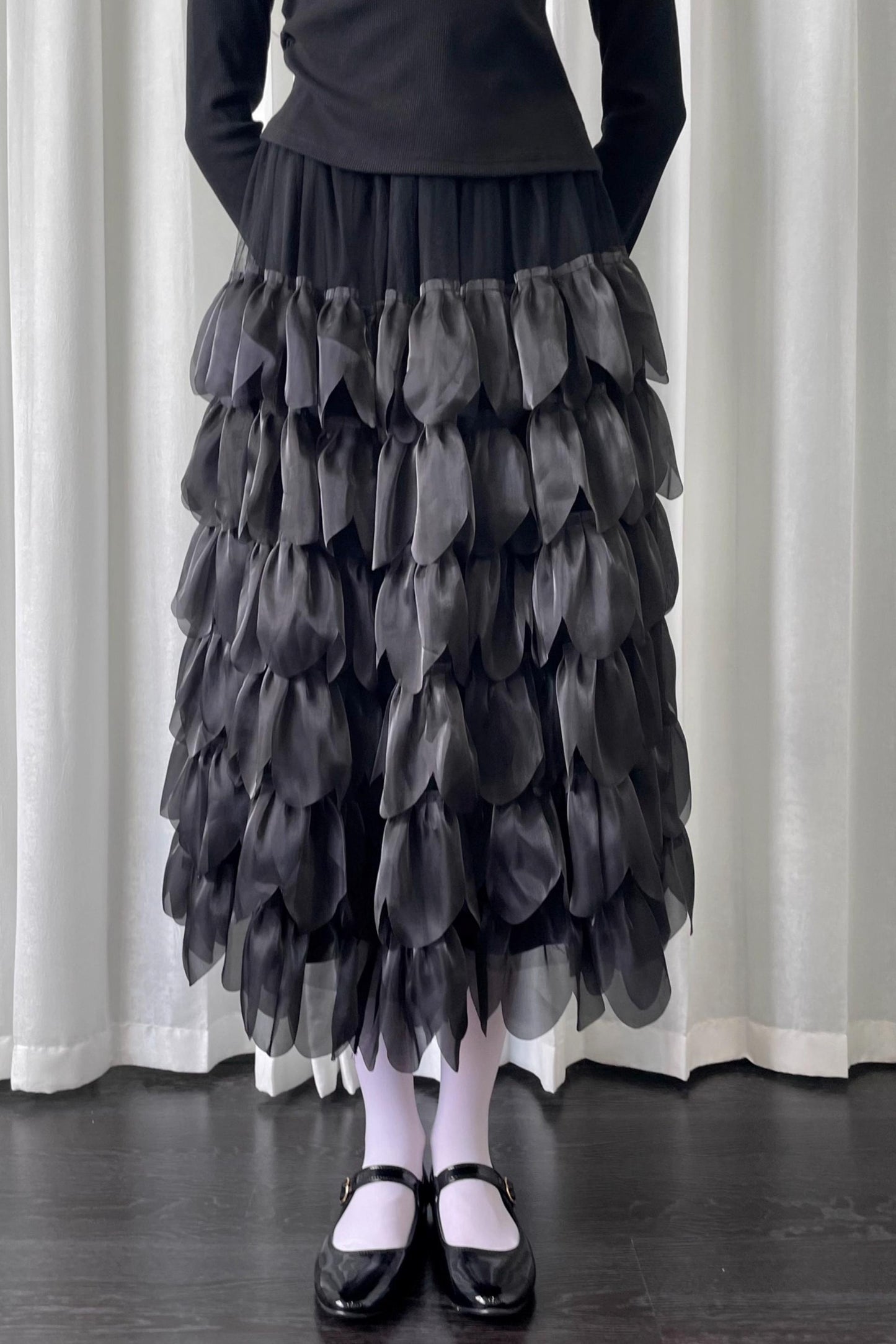 Petal Black Mesh Midi Skirt