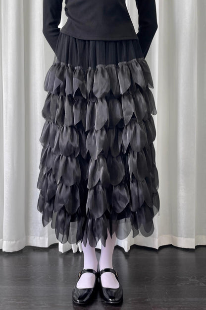 Petal Black Mesh Midi Skirt