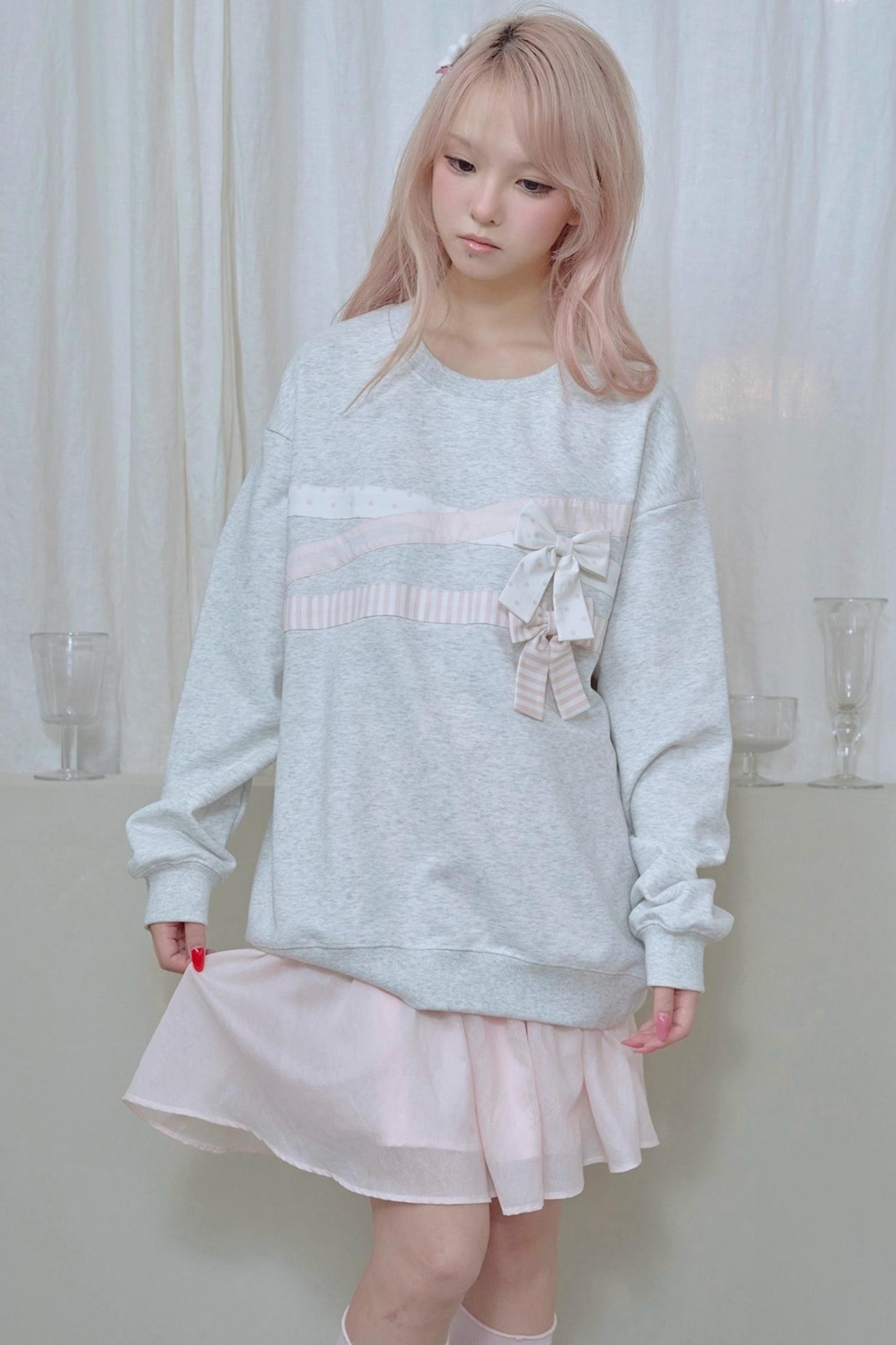 Cotton Bow Patchwork Sweatshirt