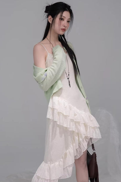 Flowing White Ruffle Dress Set-Up