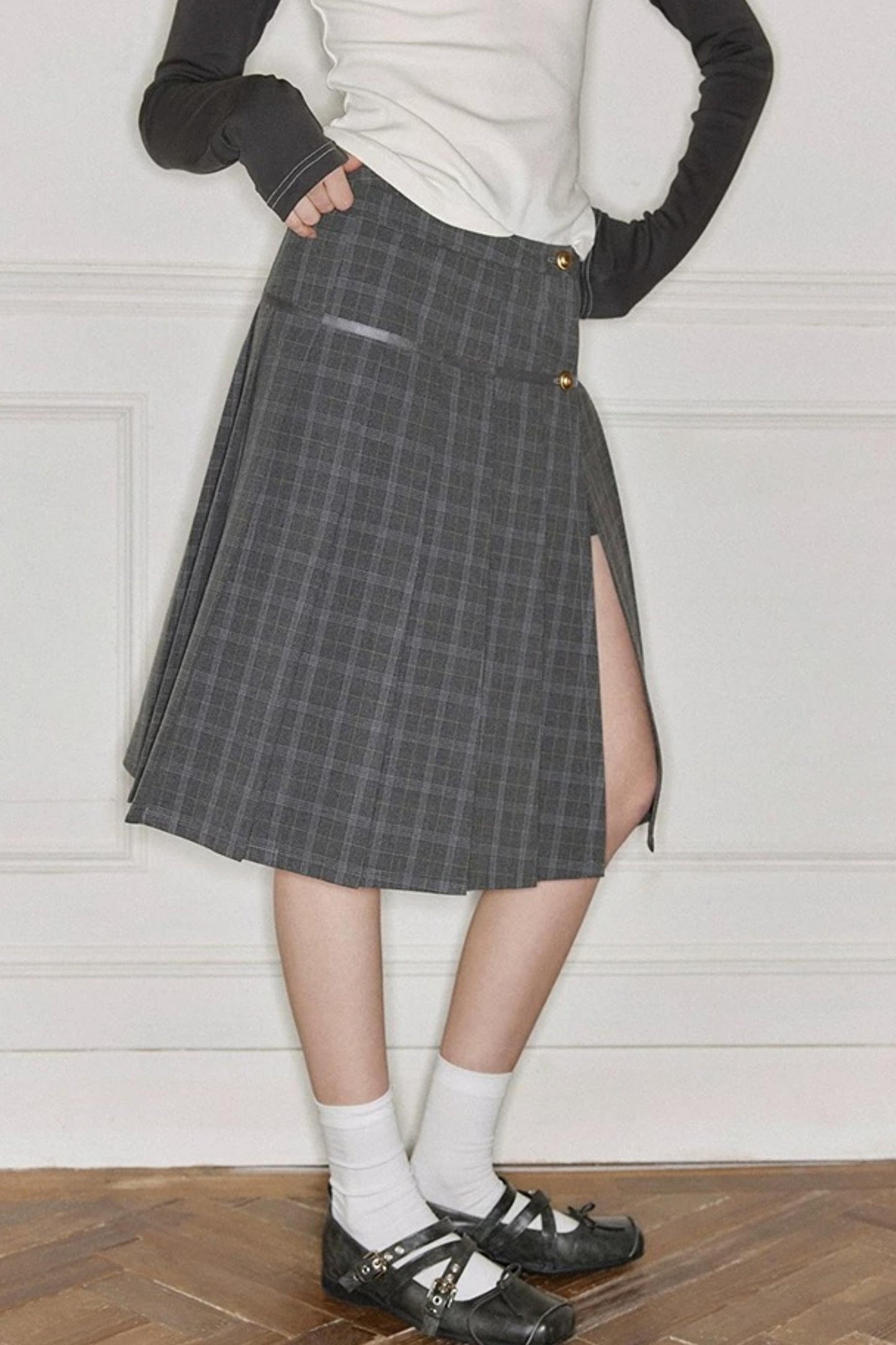 Gray Plaid Pleated Skirt Set