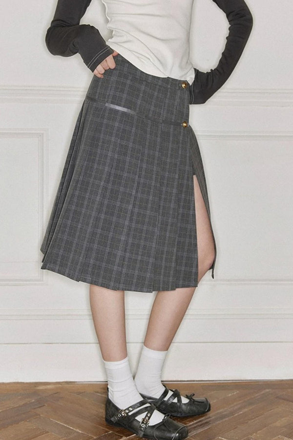 Gray Plaid Pleated Skirt Set