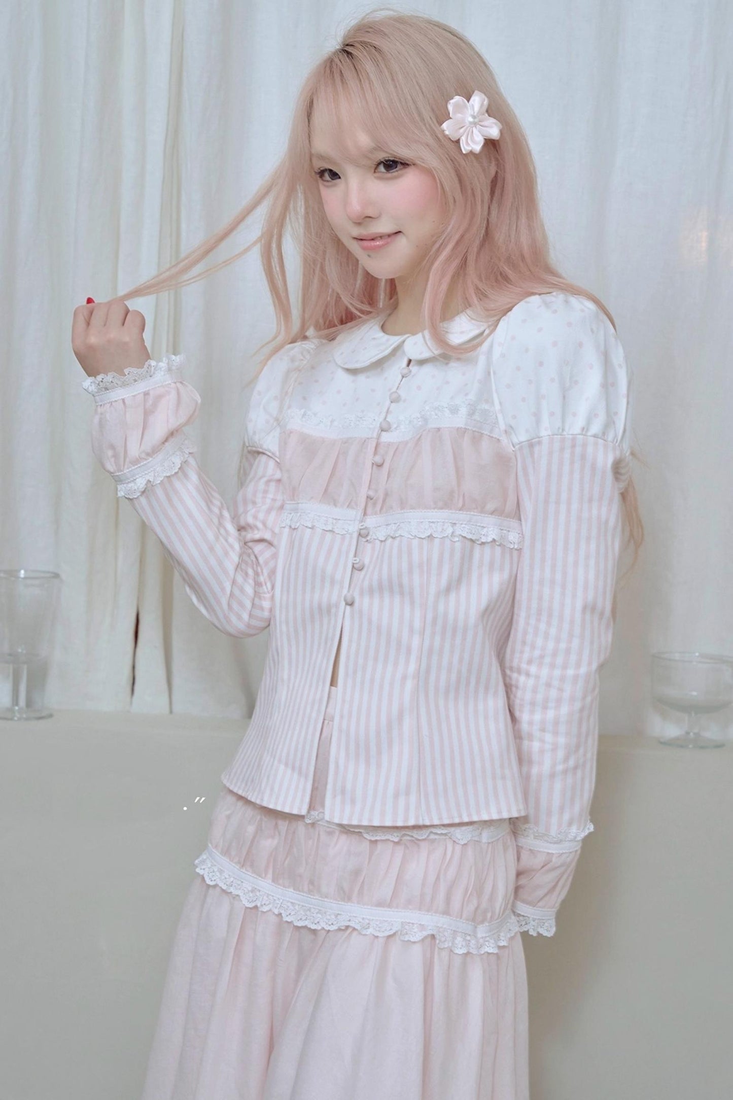 Doll Collar Stripe Lace Top