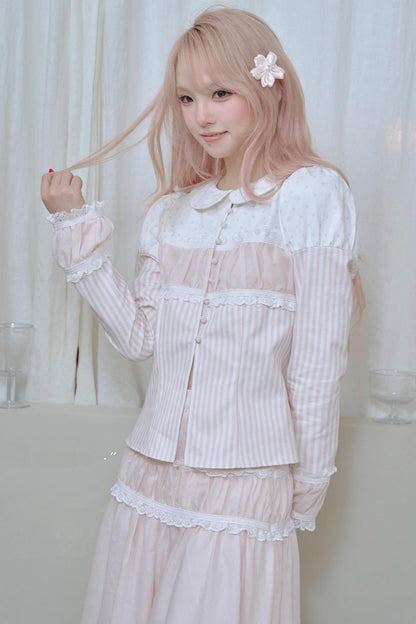 Doll Collar Stripe Lace Top